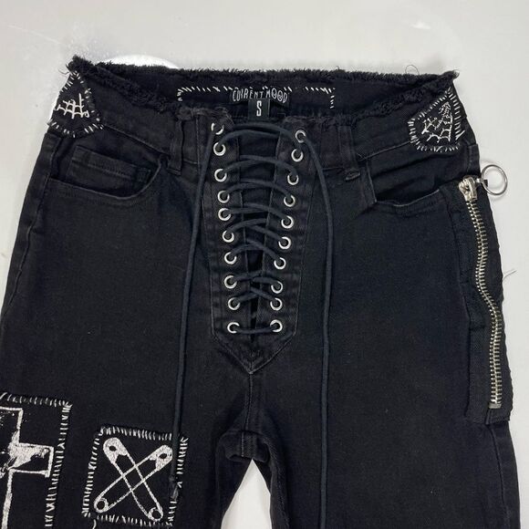 Dolls Kill Current Mood Miss Murder Lace Up Patch Denim Jeans Women Small - Picture 2 of 12